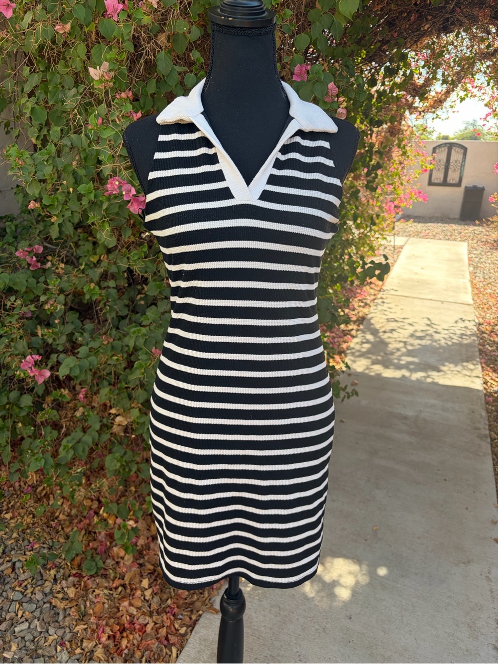 Striped Knit Polo Mini Dress in Black and White
